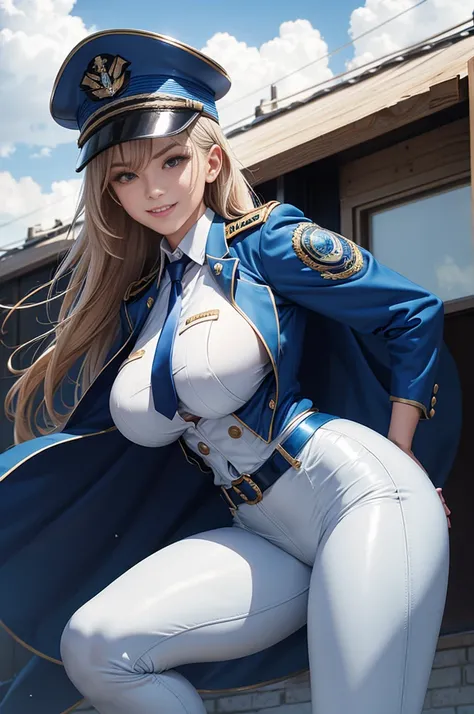 One female naval officer in Alafe、Big breasts about to burst、、thin and long legs,、Fitness Model、musculature、abdominals、Metallic Marine Blue Jacket、Metallic Long Pants、a belt、Metallic white shirt with breast pocket、hatting、neck tie、Five-fingered、Class Chapt...