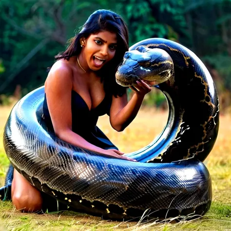  Happy Horny, aroused 1girl), beautiful kneeling Indian young teen girl  with  giant colossal black titanboa squeezing her hard, wrapped in thick spiraling coils, constricted, struggle, gasping for air, snake attack, snake peril, moonless night, dim light