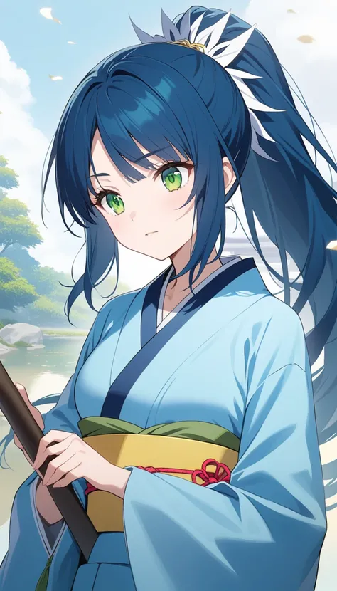 fubuki hime, ,blue hair, ponytail, green eyes, tsurime, light blue kimono, yellow obi