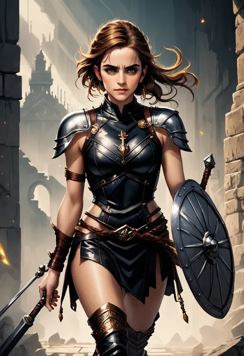 emma watson, beautiful warrior woman, gorgeous face, photo realistic, full body running, her presence is a symphony of contrasts...