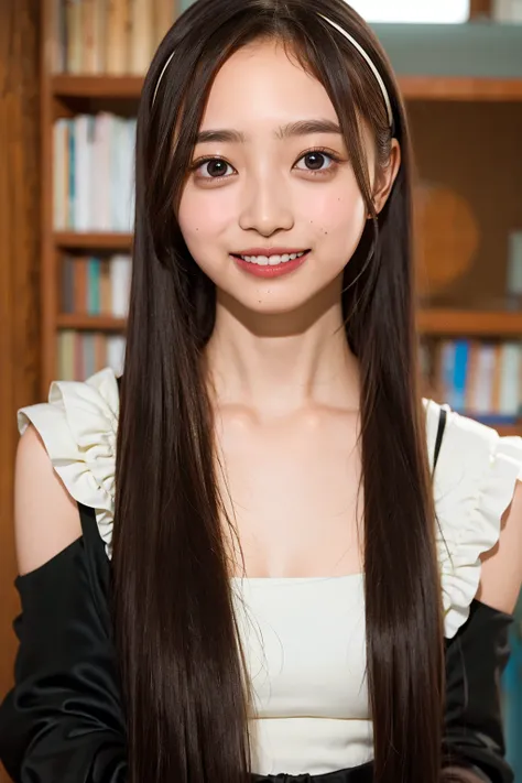 (((upper body shot))),Ultra-high resolution,big eyes,((brown eyes)),Japanese,(forehead),(a girl),(1 girl),((17 years old)),(cute),pretty,((facing at viewer)),arms behind back,grin,(((black clothes)))