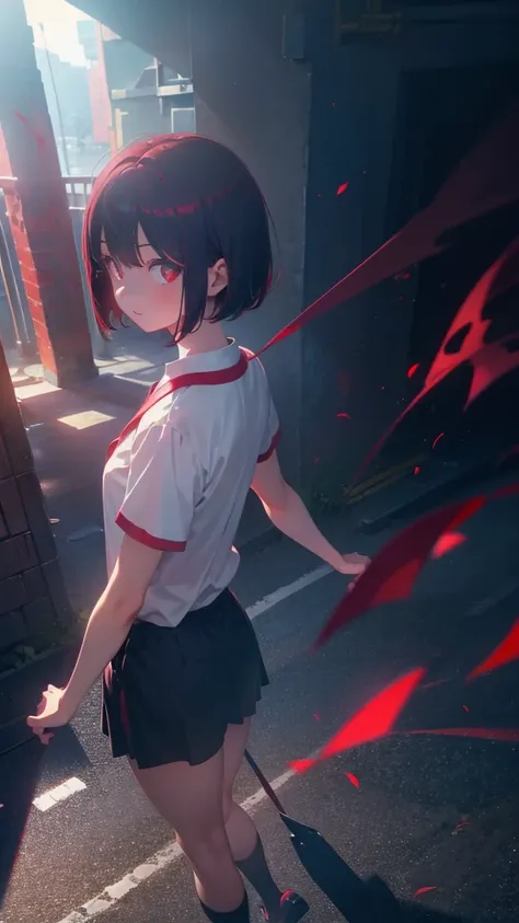 girl with short bob hair,Red eyes ,A shining heaven,Walking in heaven,A distant view