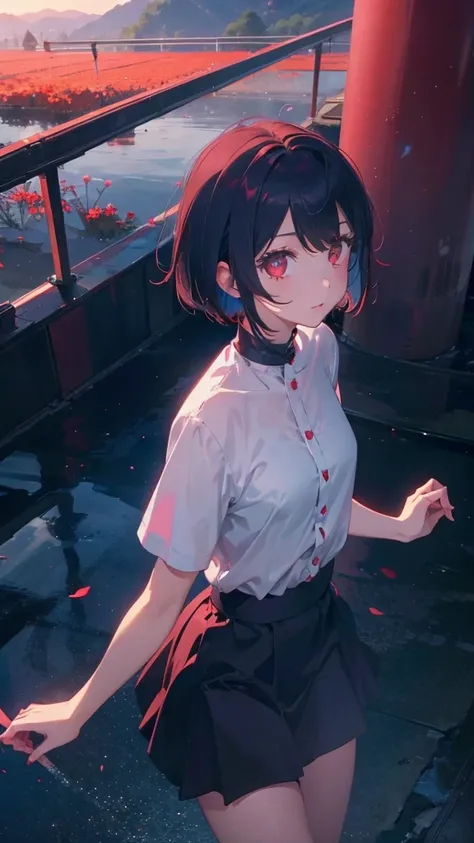 girl with short bob hair,Red eyes ,A shining heaven,Walking in heaven,A distant view