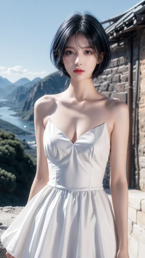 best quality, 1 Girl, dark blue hair, black eyes, Very short hair, Spiky hair, wears sweet white dress luxury，A cropped dress, 171 cm, Messy hair, Hair between the eyes, Tomboy, aldult, 20 years old, A sweet girl by the mountain