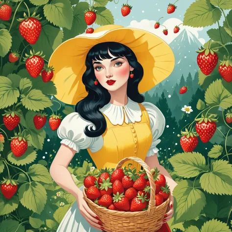 a close up of a woman holding a basket of strawberries, fight with strawberries, fairy-tale illustration style, beautiful retro ...