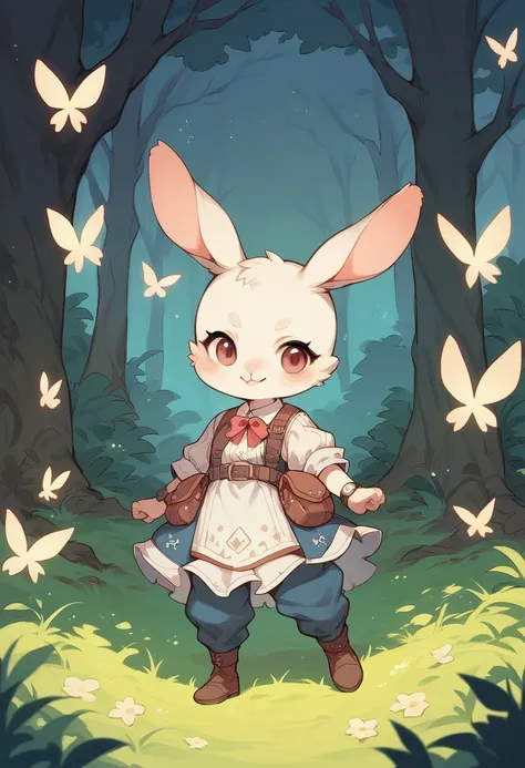 Highest quality　Fantasy　Young female hunter with a bow　watch the bonfire　 rabbit　The background is a night forest