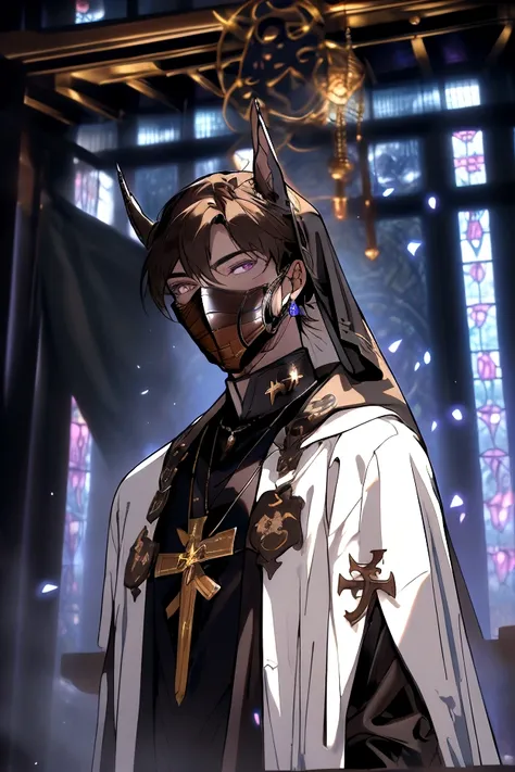 A tall, muscular man, 2.02 meters tall, 26 years old, pale skin, medium brown hair that is parted in the middle and falls above the ear, violet eyes (leather mask, Doberman mask, muzzle, priests outfit) In a medieval church, magic, mask covering the head,