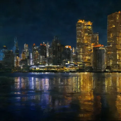 masterpiece, ultra detailed, beautiful, distinct, best aesthetic, super fine illustration, nighttime cityscape, skyscrapers with...