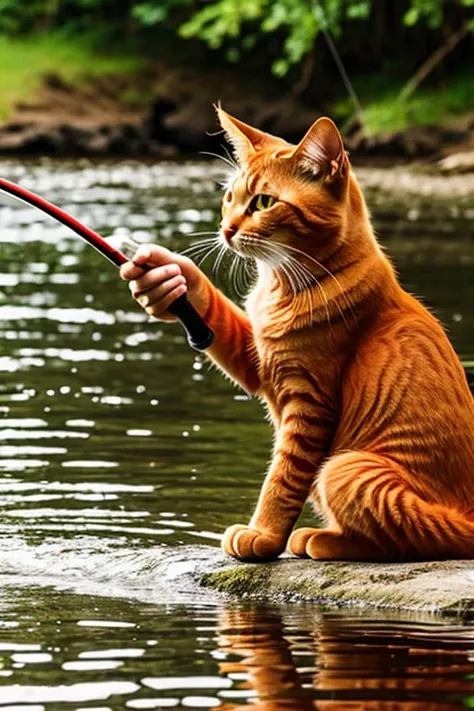 Red cat holding a fishing rod