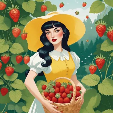 a close up of a woman holding a basket of strawberries, fight with strawberries, fairy-tale illustration style, beautiful retro ...