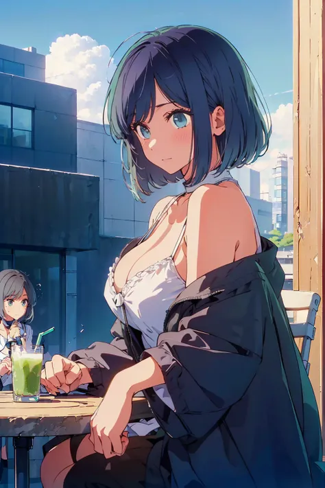 (Highest quality:1.4、8K:1.4、detailed)、F cup bust、Big Breasts、Slim body、Very white beautiful skin、((((1 person、Surprised expression、sit、Chair、In the background are the urban buildings of Tokyo、looking at the camera、Outdoor café terrace、Navy hair color、juice...