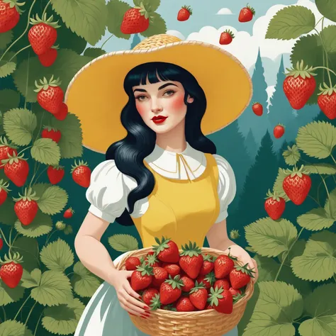 a close up of a woman holding a basket of strawberries, fight with strawberries, fairy-tale illustration style, beautiful retro ...