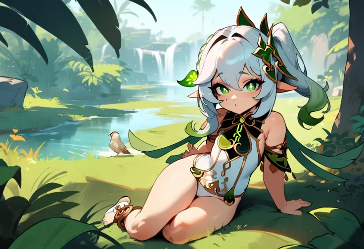 1girl, nahida (genshin impact), genshin impact masterpiece, best quality, very aesthetic, absurdres, newest  slim body,///// ,by nyantcha,cutesexyrobutts , by khyle,,////// beautiful face, sexy,  ,  greenery,, jungle,birds etc, looking at viewer, lime one-...