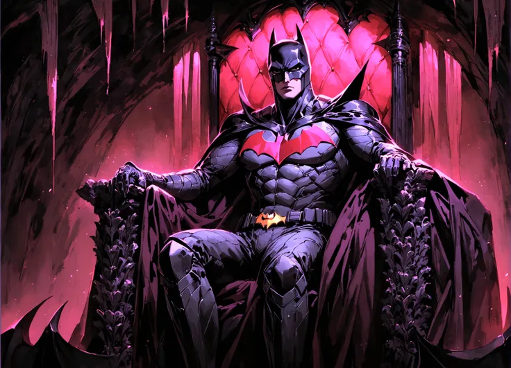 DC character Batman, sitting up on a comfortable bat themed opulent throne. Set in the gadget filled Bat Cave. Dark, gritty, moody
