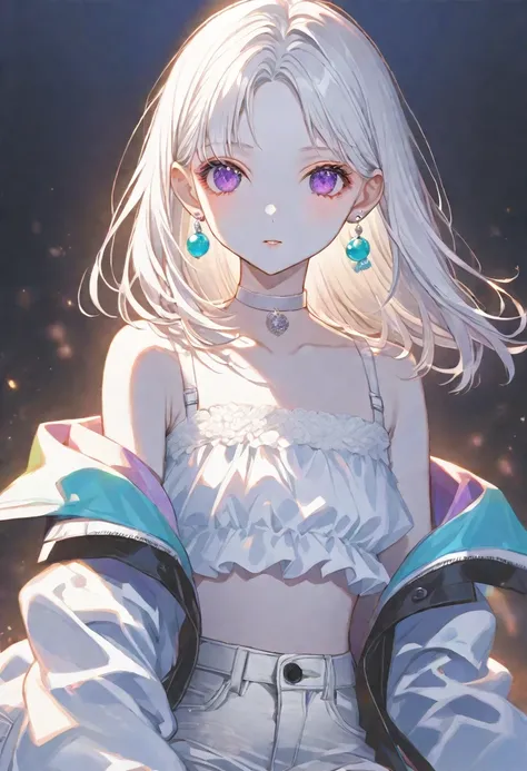 solo, handsome, 1. Female, Hime cut,Straight Hair,Bob Hair, White hair, Nakano Yotsuba, purple Eyes,Soft look,beautiful,beautiful,Sexy,Darkness,Lots of silver earrings,choker, White Off Shoulder,White Distressed jeans,Bra, White skin, black background,