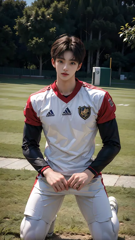 masterpiece,best quality,Bottom-up lens，Stay away from the camera， (An 18-year-old tall boy:1.2), (Kneeling upright on the campus lawn:1.2),Place your hands on your sides，（Football Jersey）,Broad shoulders,Muscular shoulders，（Extremely strong body），Muscular...