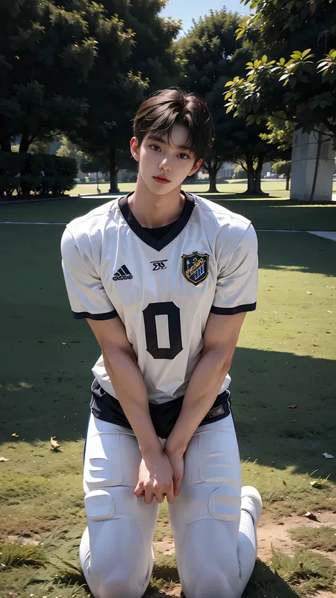 masterpiece,best quality,Bottom-up lens，Stay away from the camera， (An 18-year-old tall boy:1.2), (Kneeling upright on the campus lawn:1.2),Place your hands on your sides，（Football Jersey）,Broad shoulders,Muscular shoulders，（Extremely strong body），Muscular...