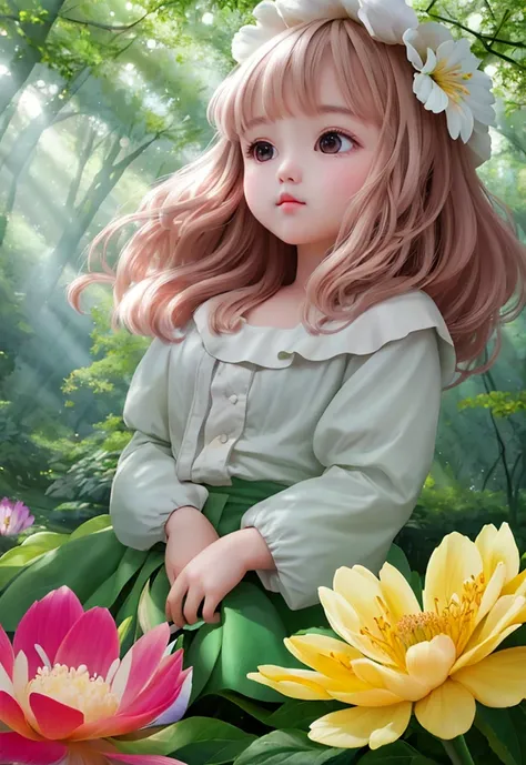 girl in a forest with floating flowers, river, puffy, puffy cheeks, cute,
vibrant colors, colorful art style, 
soft lighting, soft shadows, detailed textures, dynamic lighting, 
nice hands, perfect hands, 
