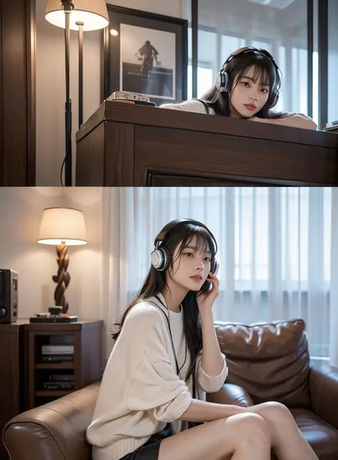 An immersive and stylish scene featuring a person enjoying high-quality headphones. The person is comfortably seated in a modern, cozy room, surrounded by soft lighting and minimalist decor. They are deeply absorbed in their music, with a look of pure cont...