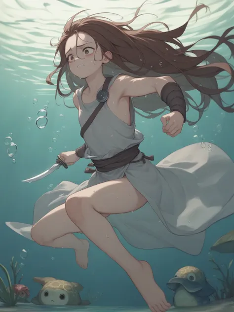 Partially underwater,最high quality,high quality, , Long Hair, Brown Hair, Wet Hair, Flat Chest,Dark underground labyrinth,No light,Cloth armor,Equipped with a dagger and a shield,Face above water,Body in water, Underwater Photography,The robe rolls up due ...