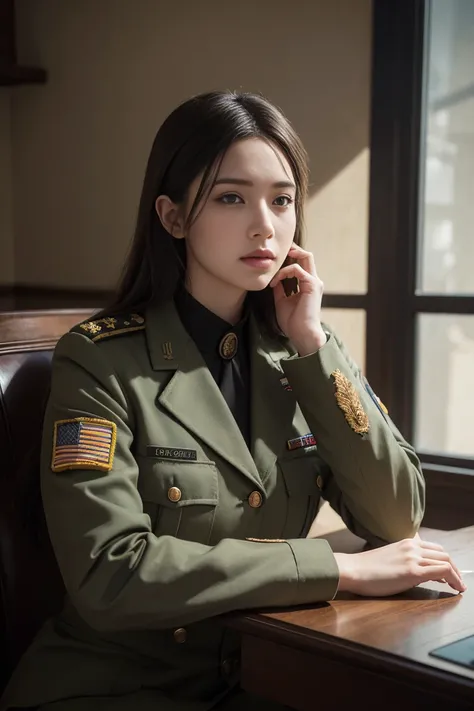  A young woman in military uniform sits at a table, hands clasped in front of her. Caucasian woman, highly detailed, extremely detailed, photorealistic, high detail, wallpaper award, winning hyper realistic, ultra detailed, high definition, crisp quality, ...