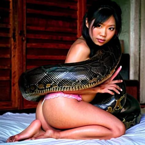 Pregnant Topless pink panties Happy Horny, aroused 1girl), beautiful kneeling Asian  young teen girl  with  giant colossal black titanboa squeezing her hard, wrapped in thick spiraling coils, constricted, struggle, gasping for air, snake attack, snake peri...