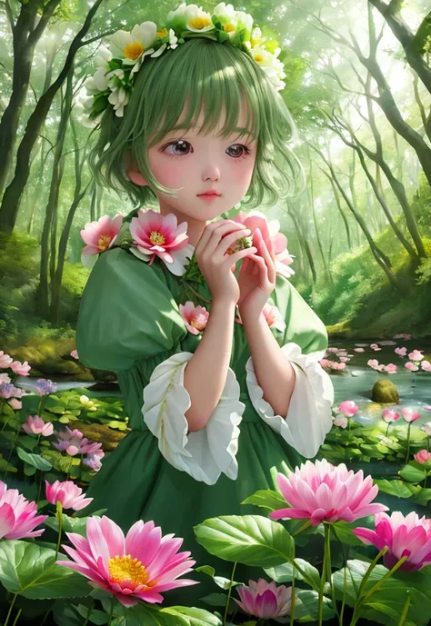 girl in a forest with floating flowers, river, puffy, puffy cheeks, cute,
vibrant colors, colorful art style, 
soft lighting, soft shadows, detailed textures, dynamic lighting, 
nice hands, perfect hands, 
