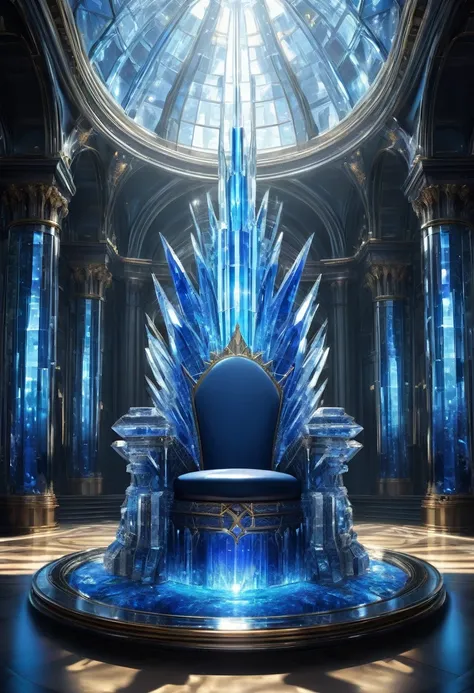 The Throne of Power. The future city. The crystal castle. There is a towering majestic sapphire crystal in the fantasy shining luxury building. The Throne of Power. Wide angle. Perfect beyond imagination. Luxurious throne. Complex and detailed. Great art m...