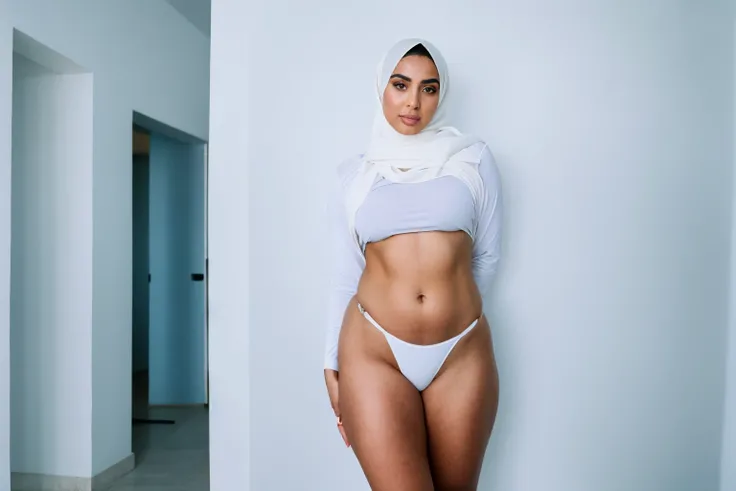 RAW photo,candid photograph, full body,photo of a beautiful,influencer,30yo Arab woman,hijab detailed skin,naked, looking at viewer, thick body structure,white background,no background, candid pose,blue light, film grain, kodak color, instagram LUT