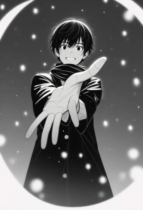 masterpiece, best quality, 1boy mamerakkkkko, grayscale, manga style, japanese, chi no wadachi, black eyes, street, iced, short black hair, smile, lineart, black coat, black scarf, black pants, centered, 18 years old, tall, fair skinned, bokeh background, ...