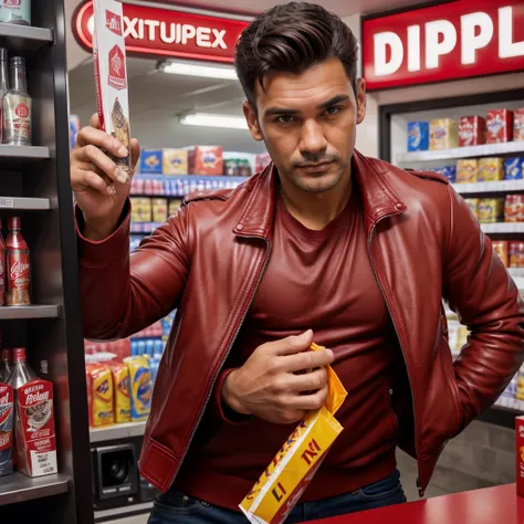 a handsome man in a red leather jacket, in a convenience store, ready for action, upper body, close up, (looking at camera), (candid, amateur), (raw, 8k, uhd, fujifilm xt3),  