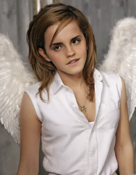 city,(white angel wings:1.2), hands on hip, emma watson, sultry look