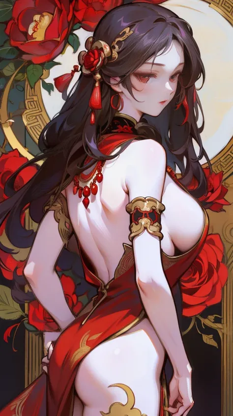 There is a womans back in ancient China, back of the head, (only), (bare back tattoo), beautiful red eyes, detailed face, like a dream, red and gold flowers, Ukiyo style, artwork style Guwitz. , Guviz, Alphonse Mucha and Rose Drews, a beautiful artistic il...