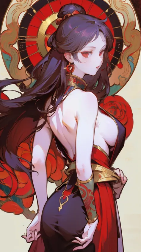 There is a womans back in ancient China, back of the head, (only), (bare back tattoo), beautiful red eyes, detailed face, like a dream, red and gold flowers, Ukiyo style, artwork style Guwitz. , Guviz, Alphonse Mucha and Rose Drews, a beautiful artistic il...