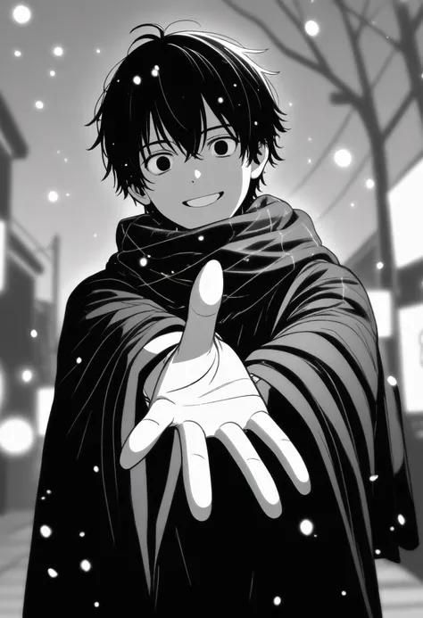 masterpiece, best quality, 1boy mamerakkkkko, grayscale, manga style, japanese, chi no wadachi, black eyes, street, iced, short black hair, smile, lineart, black coat, black scarf, black pants, centered, 18 years old, tall, fair skinned, bokeh background, ...