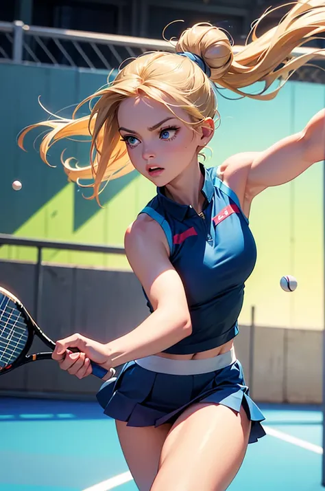 A beautiful mid-twenties woman with long, blonde hair up in a bun. She has big, blue eyes and delicate features, with a confident and dominant expression. She is playing tennis and is in a dynamic pose, striking at the ball with intensity. The background s...