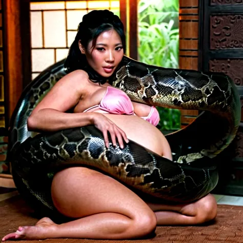 Pregnant Topless pink panties Happy Horny, aroused 1girl), beautiful kneeling Asian  young teen girl  with  giant colossal black titanboa squeezing her hard, wrapped in thick spiraling coils, constricted, struggle, gasping for air, snake attack, snake peri...