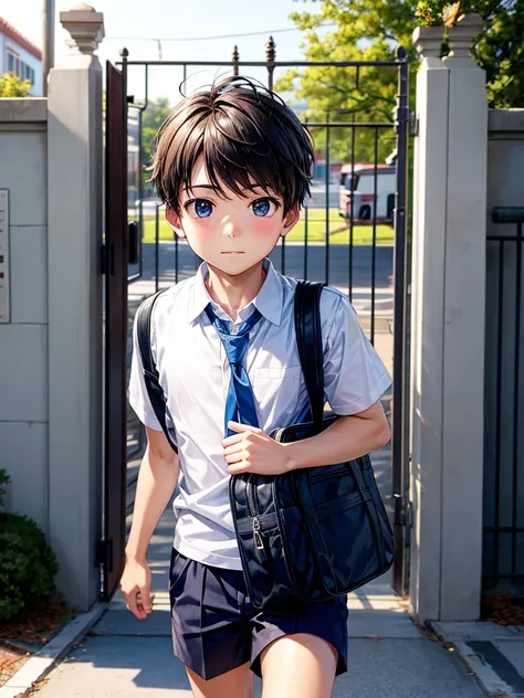 Highest quality,Highest Resolution,A boy carrying a school bag entering the gates of an elementary school,