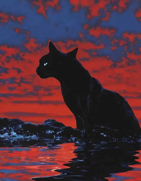 black cats kissing in black water, sunset background