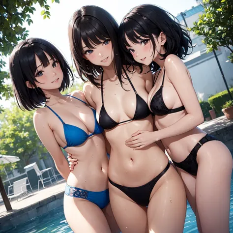 high resolution。High resolution、Low - Angle、masterpiece、Beautiful black-haired girls、cute、Colorful micro bikinis、Girls huddling together、A girl with long hair and a girl with short hair、Dark Eyes、Bright smile、White teeth、Black shiny hair、color々Pause、Wet bl...