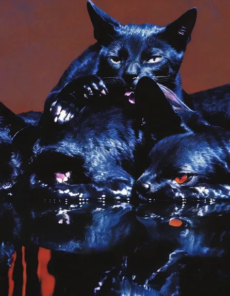 black cats kissing in black water, dark blue background