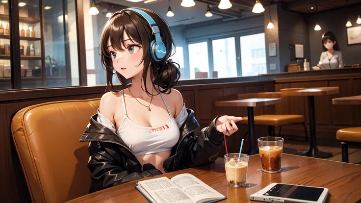 Girl with headphones enjoying music in a cafe　I am studying　Emphasize a little bit of the chest