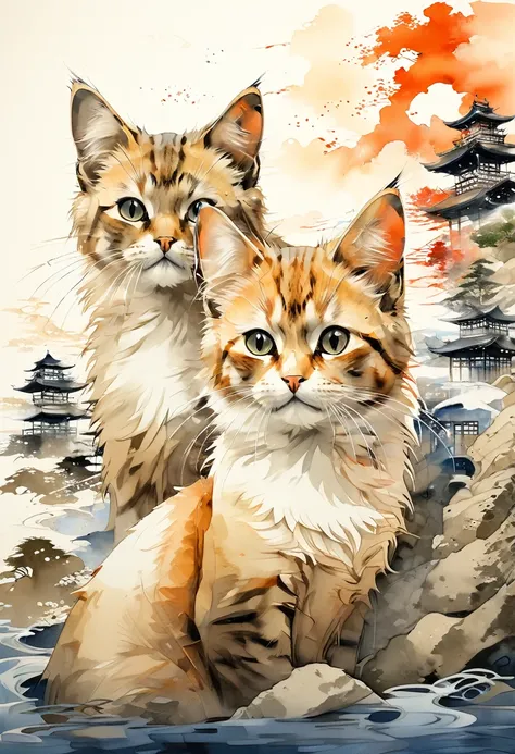 (Highest quality:0.8), (Highest quality:0.8), Perfect illustration,Close-up portrait of three cats、Japanese Landscape