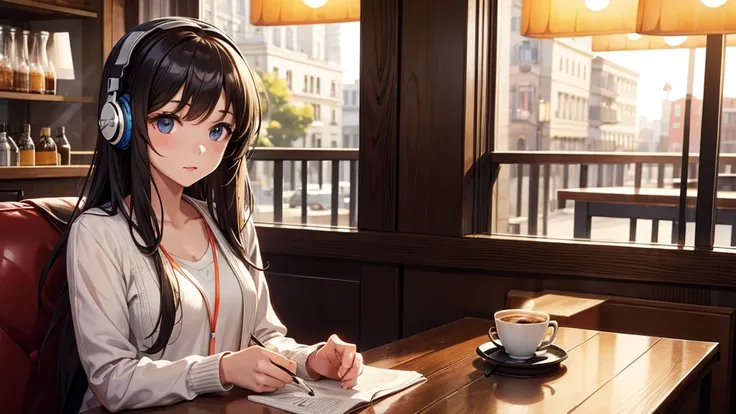 Girl with headphones enjoying music in a cafe　I am studying　Emphasize a little bit of the chest