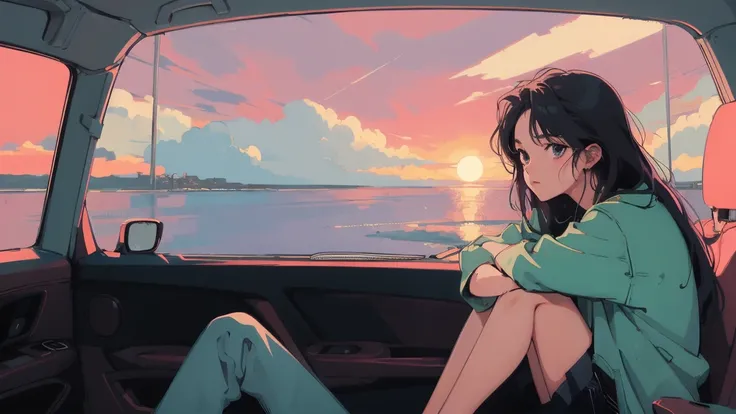 anime girl sitting on floor looking out window at city, anime aesthetic, anime vibes, Lofi Artstyle, Lo-fi portrait by the window, Sunsetを眺める. anime, Lofty Girl, anime art wallpaper 4 k, anime art wallpaper 4k, anime art wallpaper 8 k, anime background art...