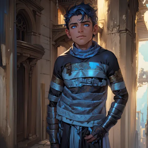 a muscular prince with dark blue hair and light blue eyes, beautiful detailed eyes, beautiful detailed lips, extremely detailed face and features, intricate armor, fantasy medieval setting, dramatic lighting, cinematic, hyper detailed, digital art, concept...