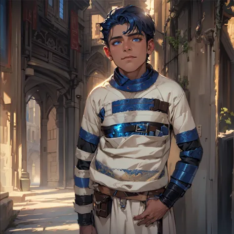 a muscular prince with dark blue hair and light blue eyes, beautiful detailed eyes, beautiful detailed lips, extremely detailed face and features, intricate armor, fantasy medieval setting, dramatic lighting, cinematic, hyper detailed, digital art, concept...