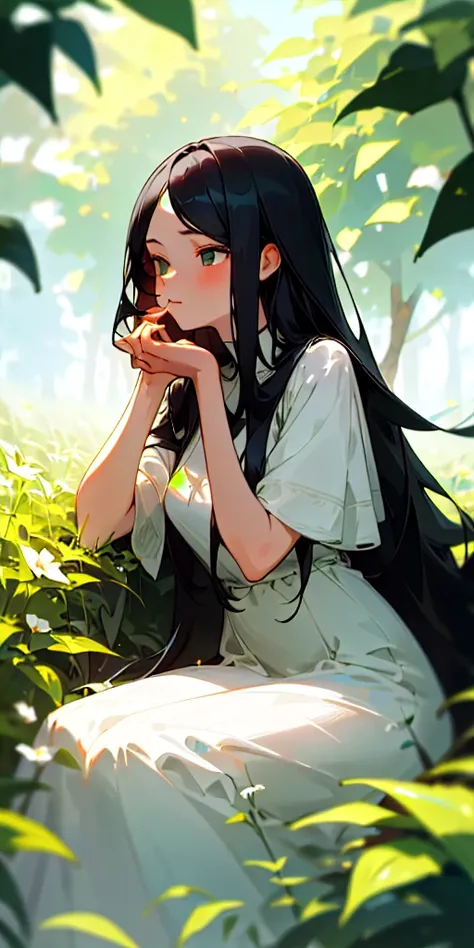 (masterpiece, best quality),1girl with long black hair sitting in a field of green plants and flowers, her hand under her chin, warm lighting, white dress, blurry foreground