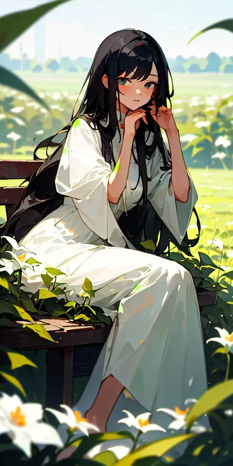 (masterpiece, best quality),1girl with long black hair sitting in a field of green plants and flowers, her hand under her chin, warm lighting, white dress, blurry foreground