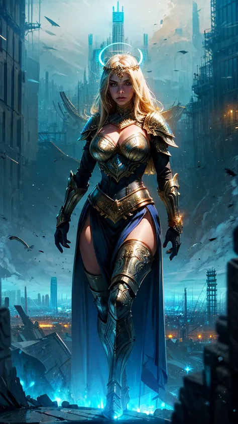 A dynamic full-body shot of a powerful woman standing confidently on a rooftop, looking down at a sprawling cityscape below. She is a striking blonde with medium-length straight hair cascading over one shoulder, and her glowing blue eyes add a mystical aur...